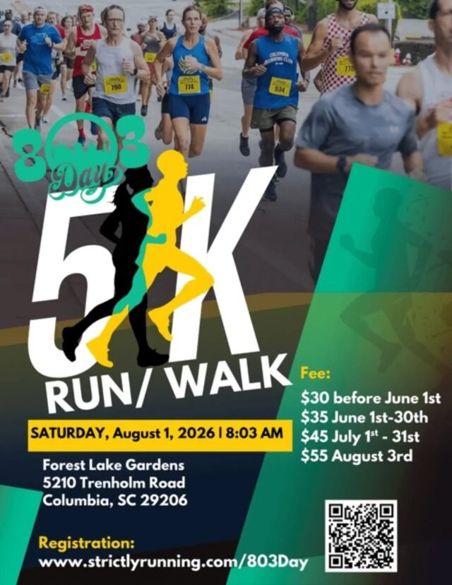 ONLY RACE THE TOUR THIS WEEKEND: 803 Day 5k Date: Saturday, August 1, 2026. Location: 5210 Trenholm Road, Columbia, SC 29206 Start time…